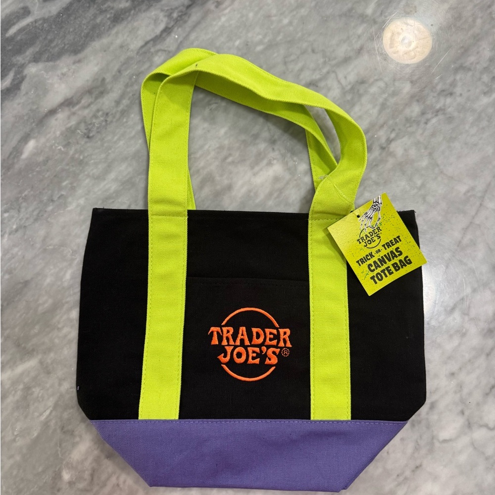 Trader Joes Black Canvas Tote Bag with Neon Yellow Straps and Purple Base